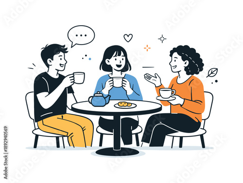Cafe Friends Gathering. Friends hanging out coffee moment. A scene showing friends sitting at a small cafe table, sipping coffee or tea and sharing