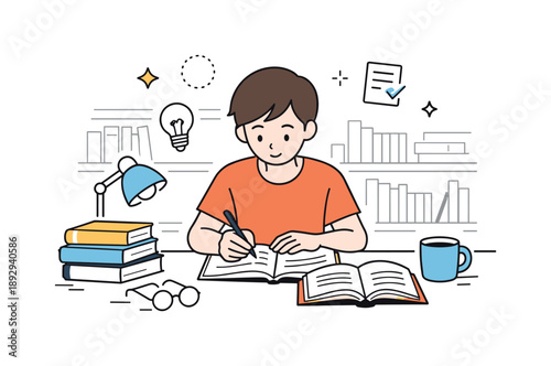 Library Study Session. Library studying moment. A student reviewing notes and books at a library desk, showing concentration and quiet productivity. Friendly