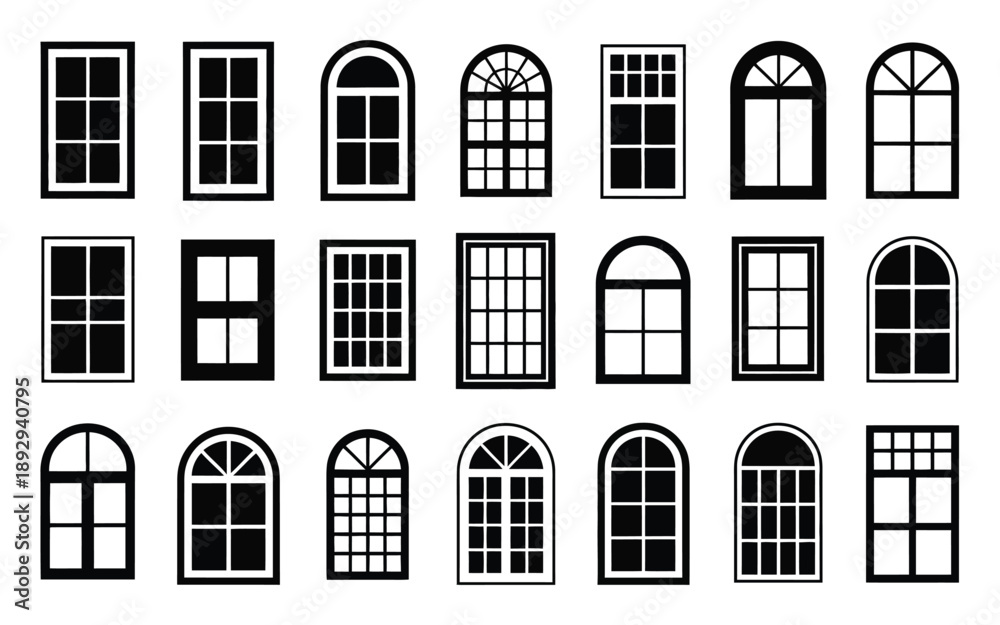 Obraz premium Diverse architectural window, frame designs collection featuring residential and commercial styles, decorative elements, and functional forms for building design and home decor concepts.
