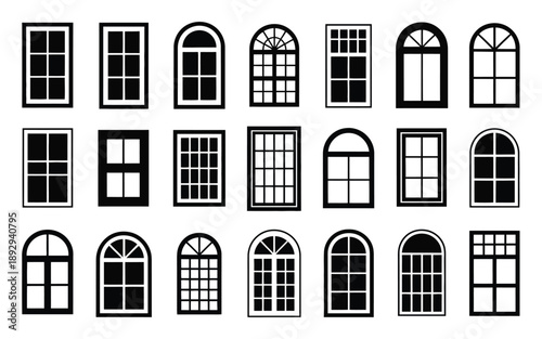 Diverse architectural window, frame designs collection featuring residential and commercial styles, decorative elements, and functional forms for building design and home decor concepts.