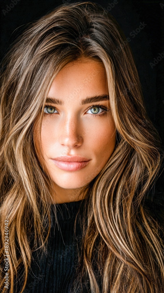 Naklejka premium Woman with long hair and green eyes poses for a close-up picture