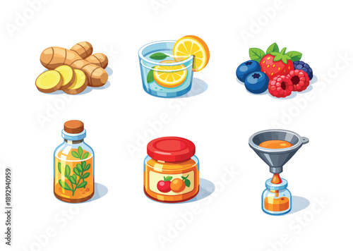 Flavor Icons Grid. Flavoring. Isometric flat vector icons set of Flavoring: sliced ginger root, lemon slice infusion, berry fruit mix, herb infused kombucha,