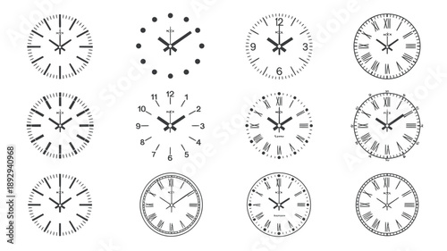 diverse clock, faces and watch dials presenting classic, modern, vintage, and minimalist timekeeping designs, suitable for graphic elements, templates, illustrations, and creative design 