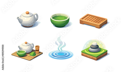 Zen Tea Icons. Zen Tea. Isometric flat vector icons set of Zen Tea: minimalist teapot, smooth tea bowl, simple wooden tray, soft steam ripple, grounded tea