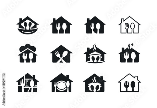 Home Cooking Icons. Cooking at home. Icon set. Set Logo of Cooking at home: homemade meal. harmonious logo variations of the same emblematic concept, each with