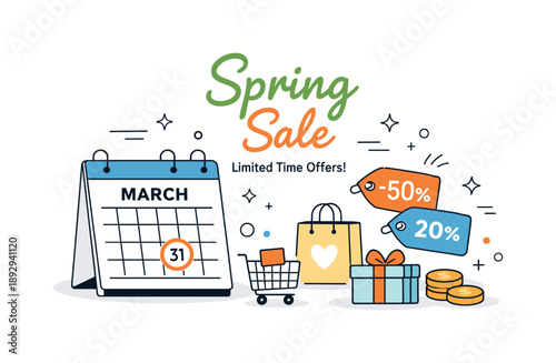 Spring Sale Banner. Spring sale March banner. A modern promotional scene with a calendar marked March, percentage tags and minimal shopping elements,