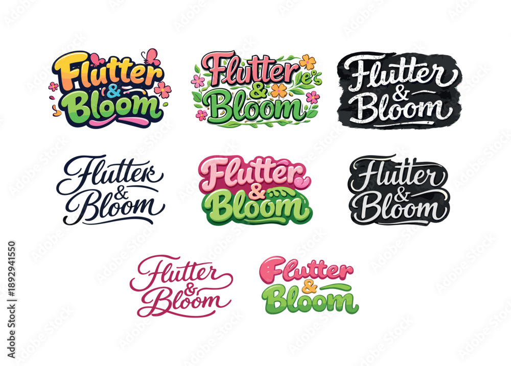 Obraz premium Flutter and Bloom Lettering. Flutter and bloom lettering. Set lettering. harmonious lettering variations of the same emblematic concept, each with different