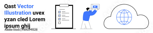 Man holding video file, checklist on clipboard, cloud icon with globe outline. Ideal for cloud storage, digital media, remote work, online learning, data sharing, productivity simple landing page