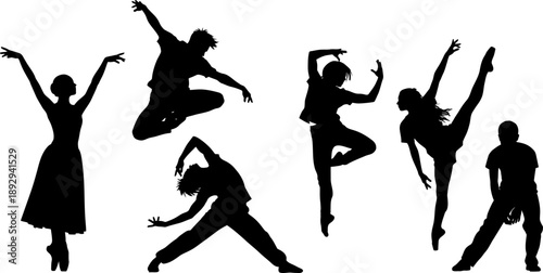 silhouette of people dancing in various poses on white background