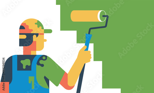 Painter with roller applying green paint, colorful abstract illustration, home renovation, wall painting activity, overalls and cap, modern artistic concept