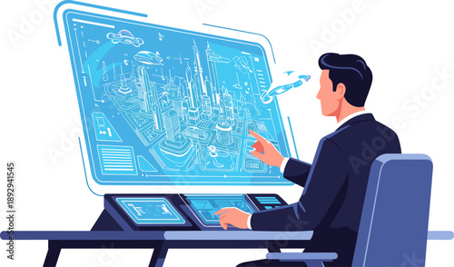 Person at futuristic workstation analyzing digital city model, smart city planning, high-tech interface, cartoon-style urban innovation concept illustration