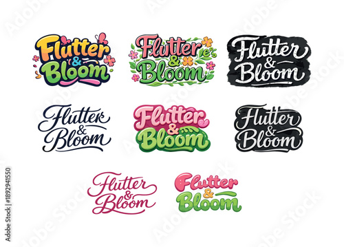 Flutter and Bloom Lettering. Flutter and bloom lettering. Set lettering. harmonious lettering variations of the same emblematic concept, each with different