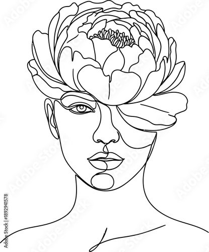 Woman with a flower covering her face in a minimalist line art drawing