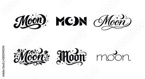 Celestial Lettering Variations. Celestial moon lettering. Set lettering. harmonious lettering variations of the same emblematic concept, each with different