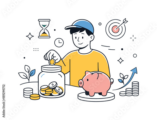 Saving Coins Artfully. Saving money habit. Character placing coins into a jar or piggy bank, patience and long-term thinking. Soft abstract shapes emphasize