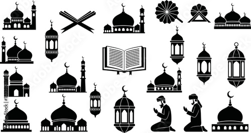 Islamic architecture and symbols including mosques domes minarets lanterns and people praying  religious icons