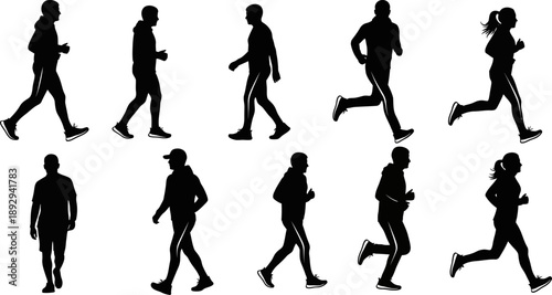 Collection of people running and walking in various poses and outfits on white background