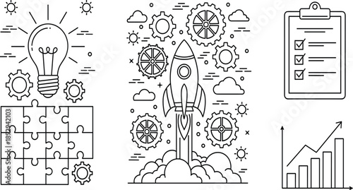 PrintAdobe Stock Optimized Title Large collection of thin line icons featuring a rocket launch gears puzzles lightbulbs and checklists for business strategy and creative process