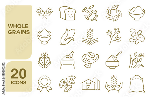 Set of 20 icons related to whole grains, Vector illustration