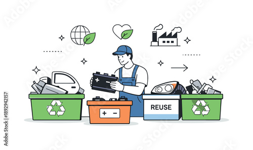 Automotive Recycling Scene. Automotive recycling process. A technician sorts car parts like metal panels and batteries for reuse and recycling. Responsibility,