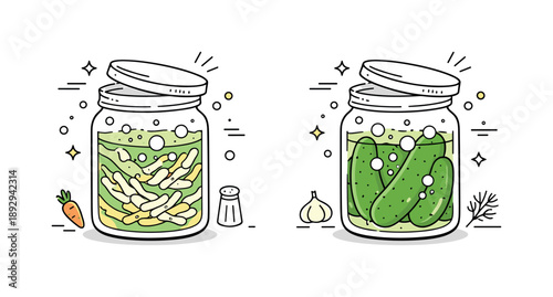 Fermented Jar Illustration. Fermented food preparation. A glass jar with cabbage or cucumbers inside, lid slightly highlighted, showing an ongoing fermentation