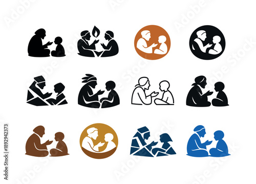 Oral Traditions Icons. Oral traditions. Icon set. Set Logo of Oral traditions: elder sharing wisdom. harmonious logo variations of the same emblematic concept,