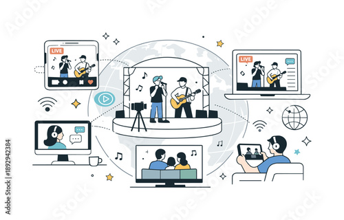Global Virtual Concert. Virtual concerts and live-streamed events. A balanced scene showing a live performance broadcast from stage to multiple screens