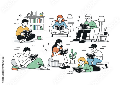 Cozy Library Scene. People reading books. A group of people scattered across a cozy library space, each immersed in their own book. Quiet atmosphere,
