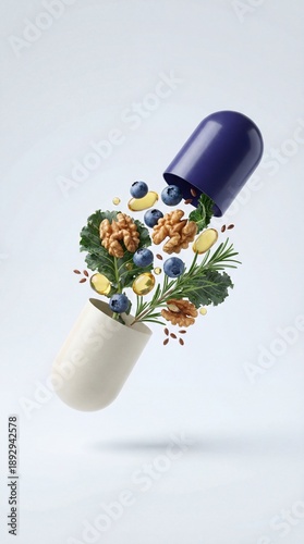 A vibrant capsule bursts open, releasing various natural ingredients like nuts and berries, symbolizing health and nutrition in a creative visual.