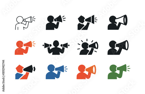 Influencer Logo Variations. Influencer marketing. Icon set. Set Logo of influencer marketing: person with megaphone. harmonious logo variations of the same