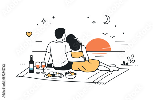 Sunset Picnic Moment. Couple at sunset picnic. A relaxed scene of a couple sitting on a blanket with light snacks or drinks, enjoying the sunset together.