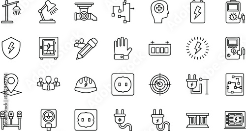 PrintComprehensive collection of linear icons representing electrical power engineering utility tools safety equipment and energy management for professional graphic design. (21 words)