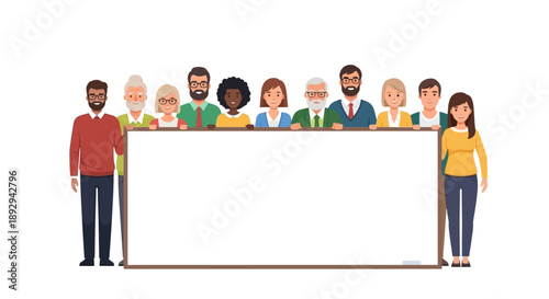 Vector illustration of diverse people standing behind and beside a large blank white board on a clean background.