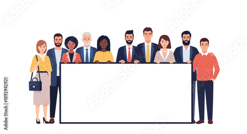 Illustration of diverse people standing behind a large blank white board or billboard, with a vector style and clean composition, conveying a sense of unity and presentation in America.