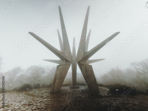 A symmetrical view of the Kosmaj monument surrounded by fog and bare autumn trees. Strong brutalist forms contrast with soft mist, creating a powerful and timeless scene.