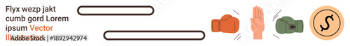 Dispute management, decision-making communication, resolution methods, conflict analysis, productivity improvement, negotiation strategies. Boxing gloves, hand gesture stopping, and a currency