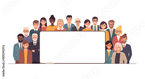 Diverse group of people standing behind a large blank white board or billboard with icons, in a vector illustration style, conveying a sense of unity and information sharing in America.