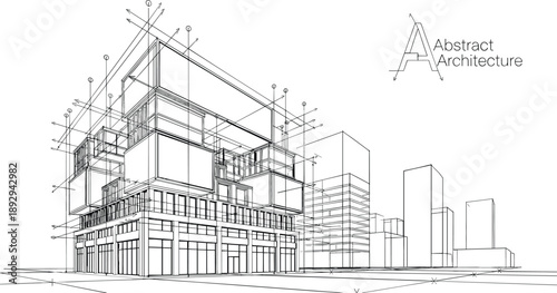 Abstract architectural blueprint vector with complex geometric structural lines and 3D technical building draft for engineering design.