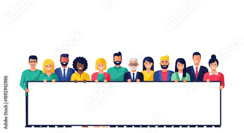 Vector illustration of diverse people standing behind a large blank white board or billboard on a plain background.