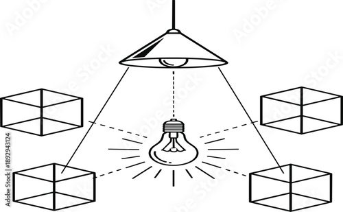 PrintConceptual Line Illustration of a Glowing Light Bulb Idea Under a Lamp Surrounded by Four Transparent Cubes and Geometric Shapes