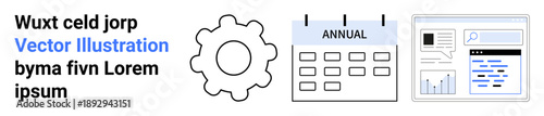Productivity, annual planning, data analysis, business efficiency, workflow optimization, project management. Gear, calendar data dashboard on a white backdrop. Productivity and annual planning