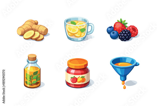 Flavor Icons Grid. Flavoring. Isometric flat vector icons set of Flavoring: sliced ginger root, lemon slice infusion, berry fruit mix, herb infused kombucha,