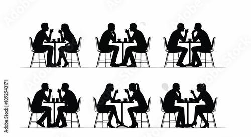 Silhouettes of Couples at Cafe Tables Smoking and Talking
