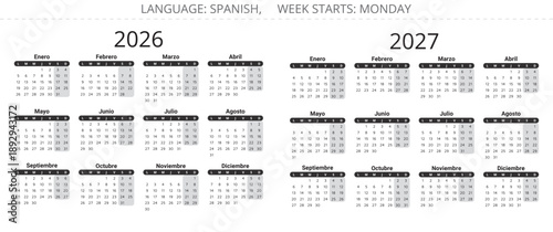 2026 and 2027 years spanish calendars. Vector illustration for Spain