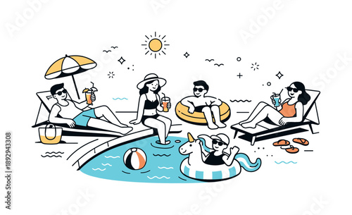 Poolside Relaxation. Poolside spring break. People lounging near a pool with drinks and inflatable floats. The illustration communicates leisure, sunshine, and