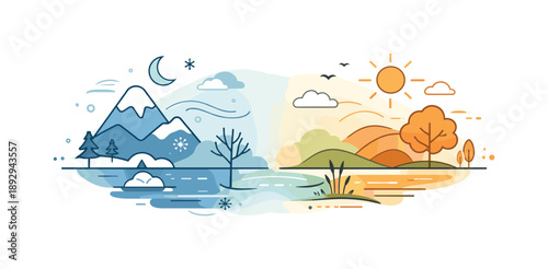 Harmonious Nature Duality. Nature balance transition illustration. Two mirrored natural elements, one cold and one warm, connected through a soft central