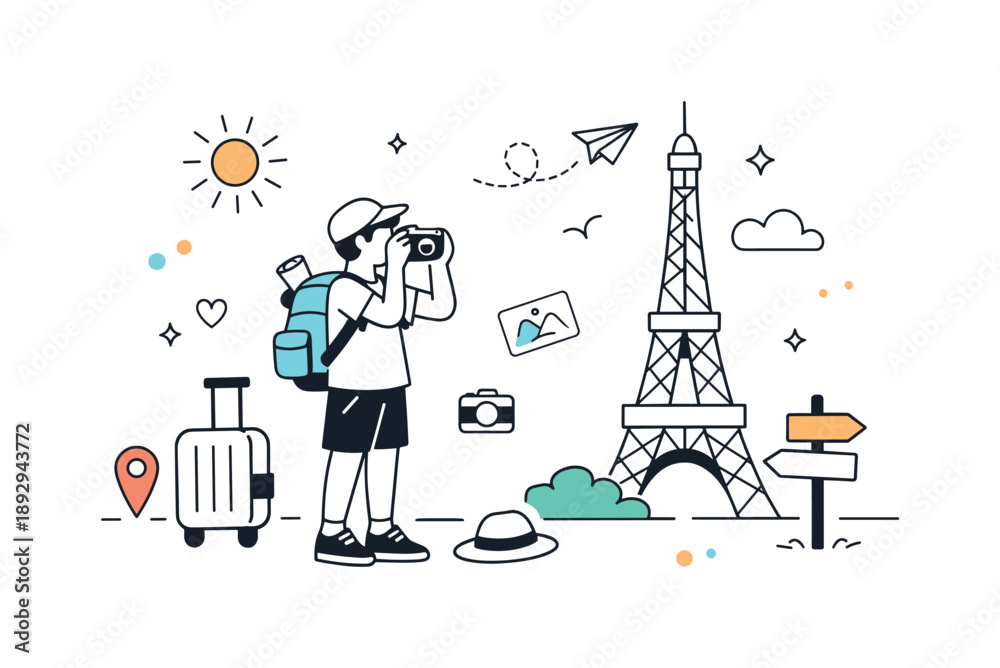 Naklejka premium Traveler Capturing Memories. Travel & tourism sightseeing. A relaxed scene with a traveler taking photos near a landmark, capturing memories and exploration.