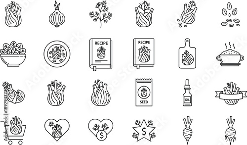 PrintHealthy Cooking and Organic Vegetable Line Icon Set Featuring Fennel Onion Herbs Recipe Book Cutting Board Seeds Oil and Kitchen Elements