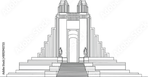Architectural monument line art vector illustration featuring a grand stone structure with stairs and statues in monochrome.