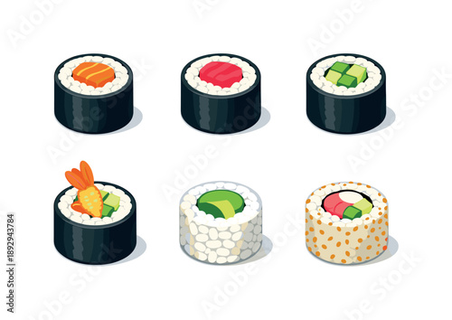 Sushi Roll Grid. Sushi roll. Isometric flat vector icons set of sushi roll: salmon maki roll, tuna roll with rice, cucumber sushi roll, avocado roll slice,